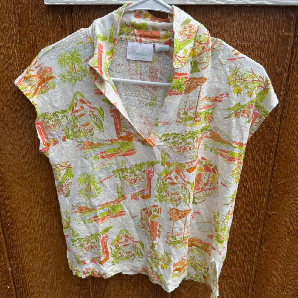 Cynthia Rowley 100% Linen Top | Italian Countryside Summer motifs | Medium